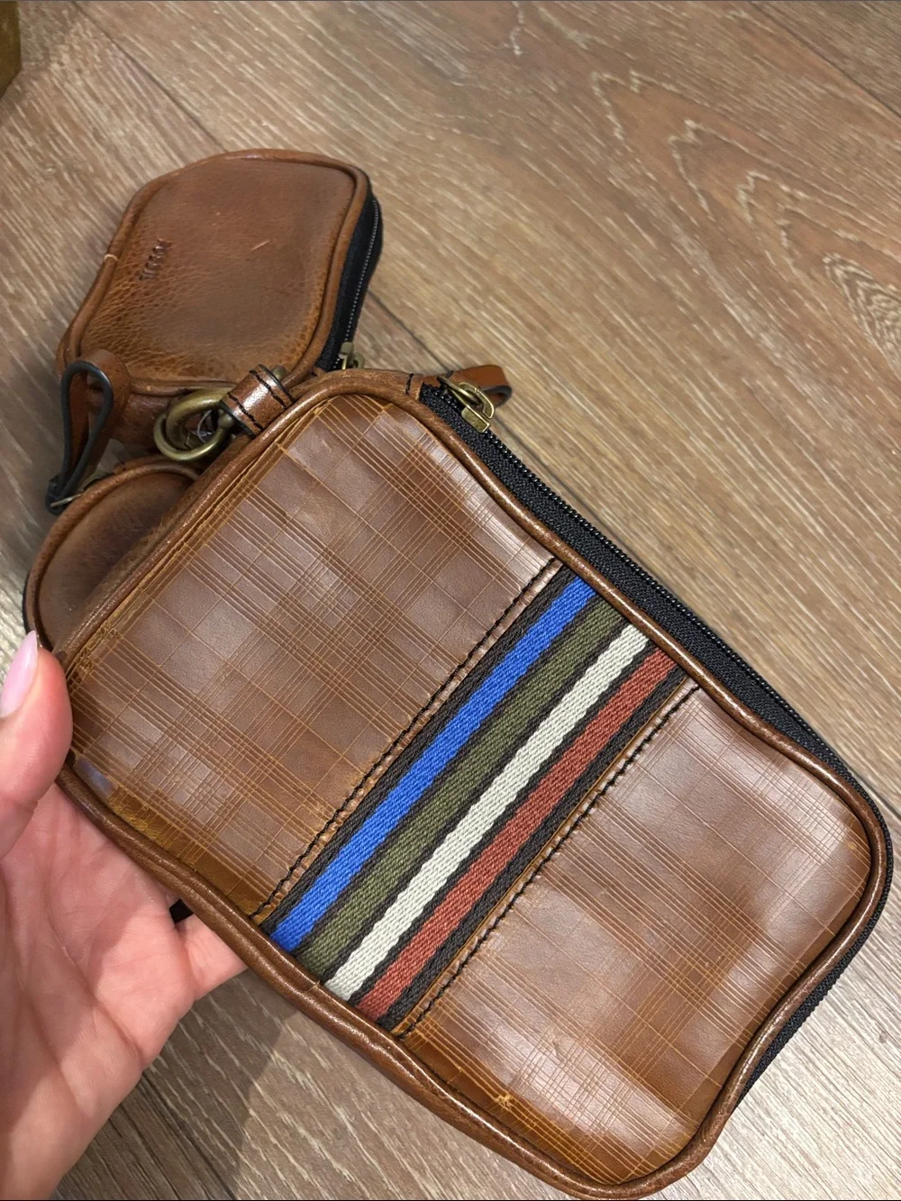 Fossil Brown Leather triple pouch set Organizer with Striped Accent